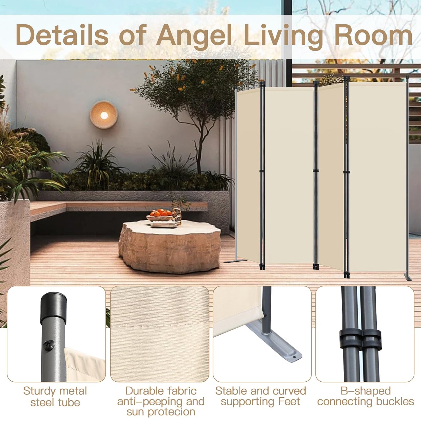 Angel Living Paravent 4tlg Sichtschutz,Faltbildschirm Raumteiler Sichtschutz aus Stahl und Polyester (Beige)