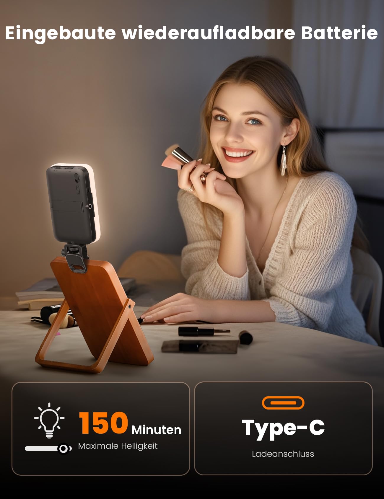 ANXRE Selfie Licht mit Soft-Diffusor & integriertem Ständer – Wiederaufladbares Clip-Fill-Licht mit 96 LEDs, geeignet für Handy, iPhone, Kamera und Laptop, für Make-up, TikTok, Vlogs und Videoanrufe