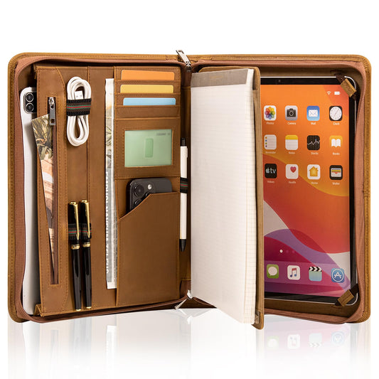 Calfinder Konferenzmappe A4 Leder, A4 Dokumentenmappe mit Klemmbrett, Ledermappe,Business Organizer/Arbeitsmappe mit Reißverschluss, Tablet-Tasche für iPad Pro 12.9 (2018/2020/2021), Braun
