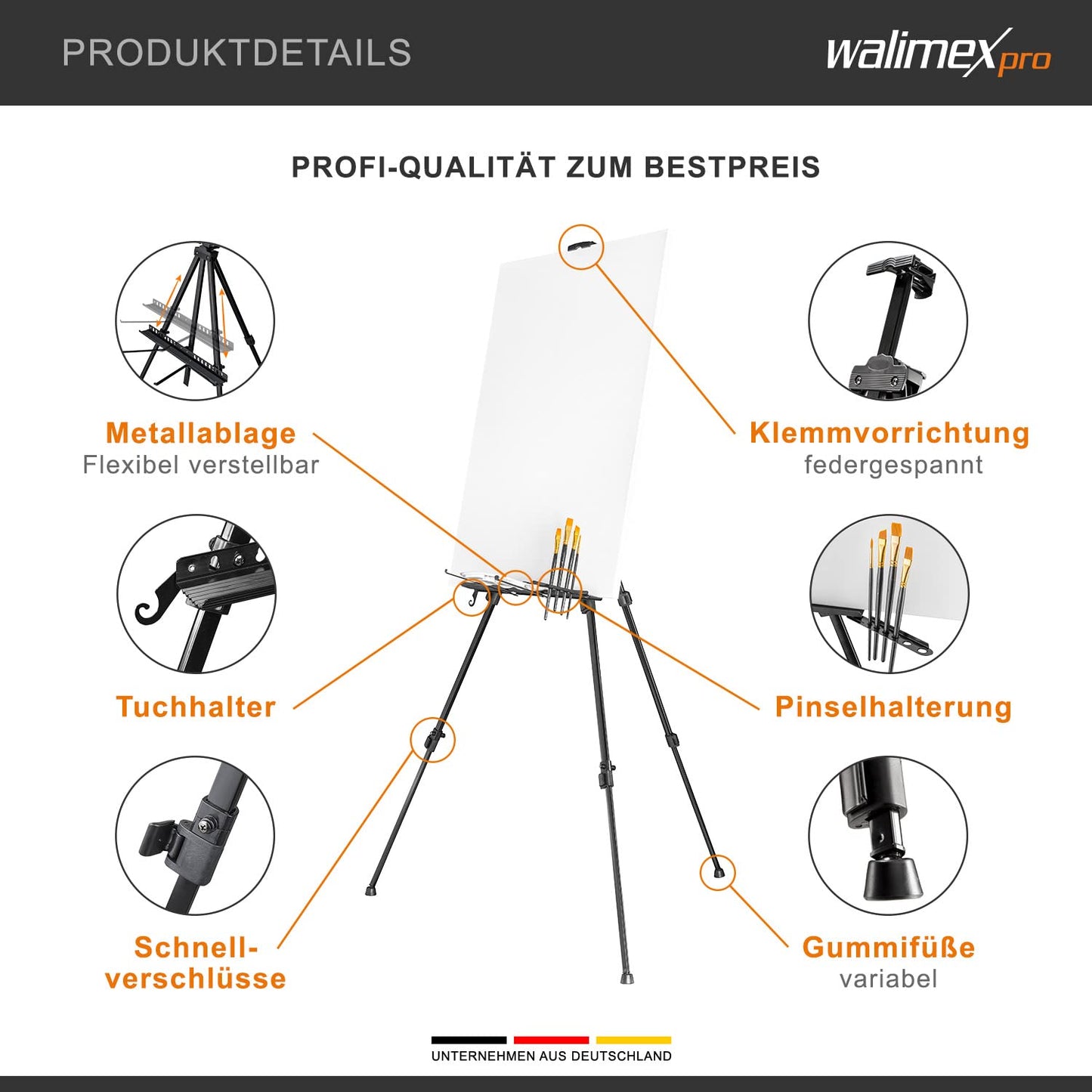 Walimex pro Staffelei L 50-165cm, Aluminium I ideal als Atelierstaffelei, Tischstaffelei & Feldstaffelei I für Leinwände bis HxT: 122x4cm, bis 6kg I Ablage & Halterung für Farben & Pinsel, mit Tasche