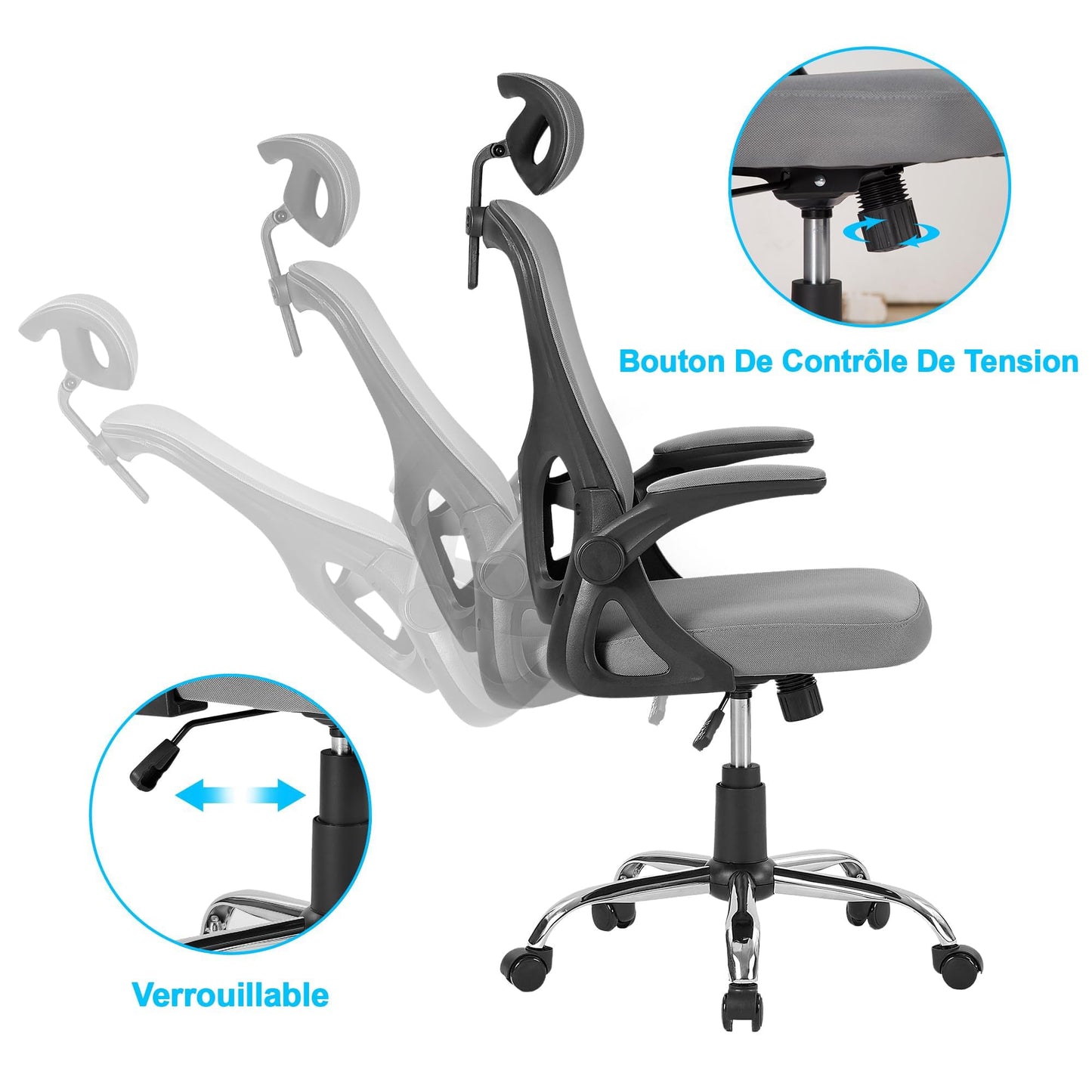 VECELO Ergonomischer Bürostuhl mit hoher Rückenlehne, mit Verstellbarer Kopfstütze