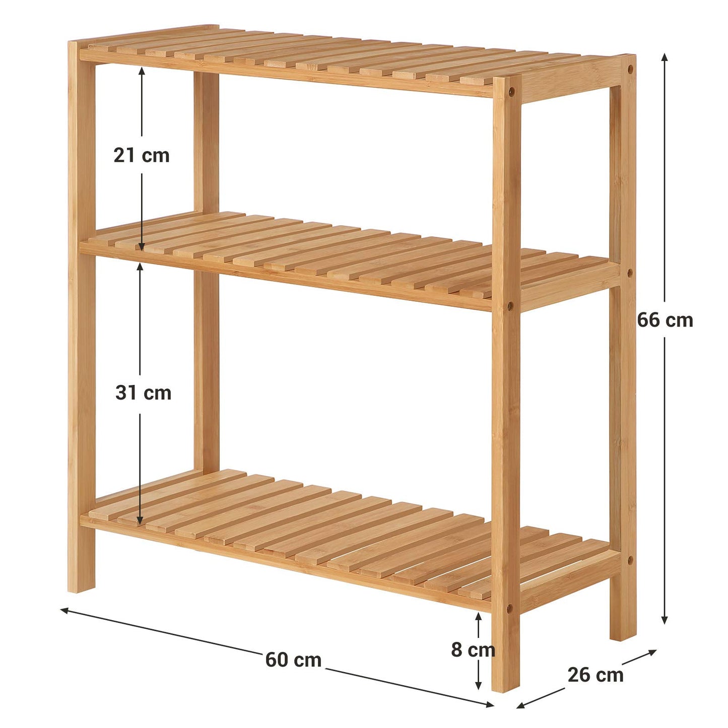 SONGMICS 3 Regalböden Badezimmerregal, Badregal, Küchenregal, Schuhregal, Bambus Standregal, 60 x 26 x 66 cm ideal für Bad, Wohnzimmer, Flur, Küche, Balkon BCB33Y