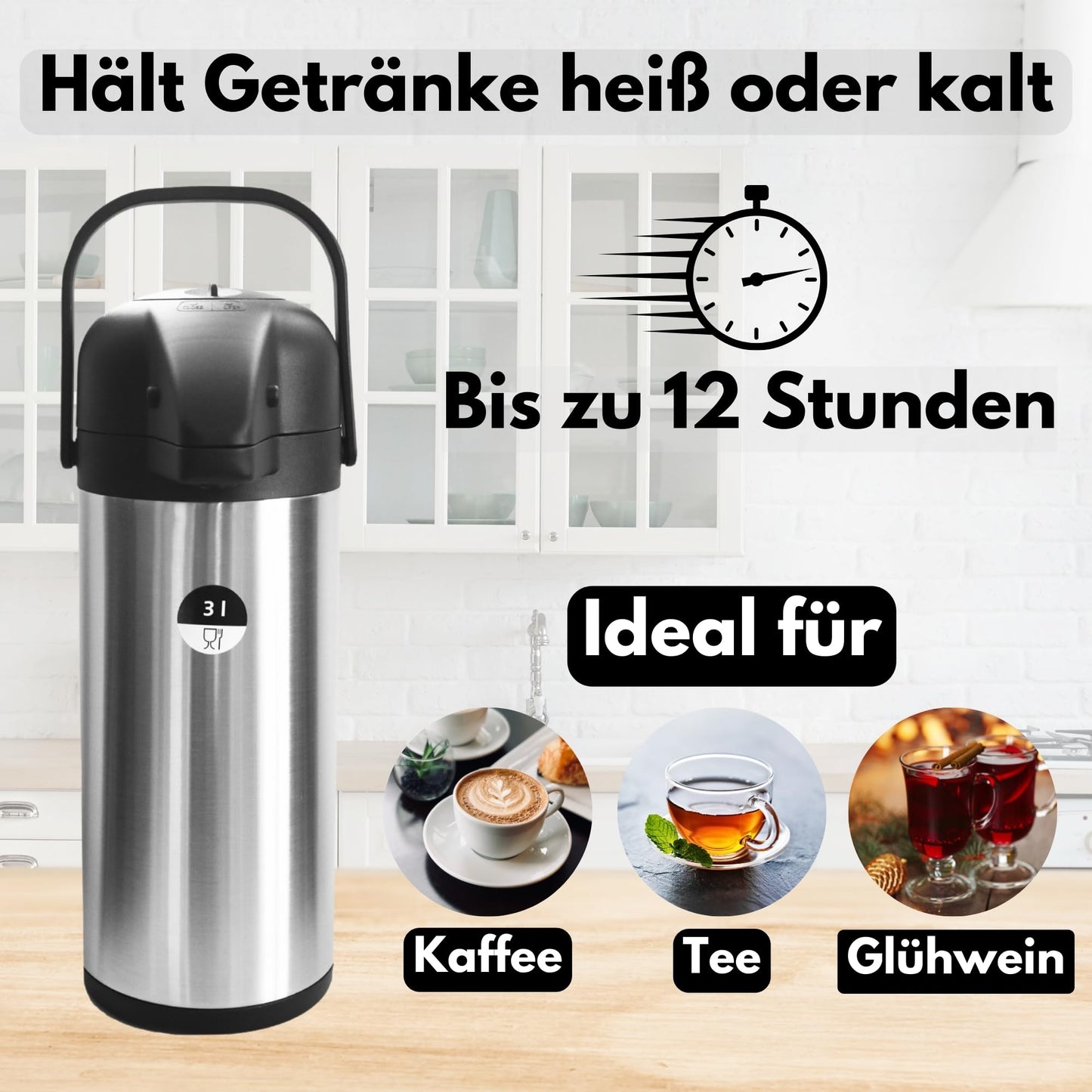 Airpot Pumpkanne 2,2l 3l oder 5l Isolierkanne Thermoskanne isolierte Kaffeekaraffe Kaffeekanne Gastro Kaffeespender auch für Camping aus Edelstahl & GRATIS-HLKauf-Block (3 Liter & 1x HLKauf-Block)