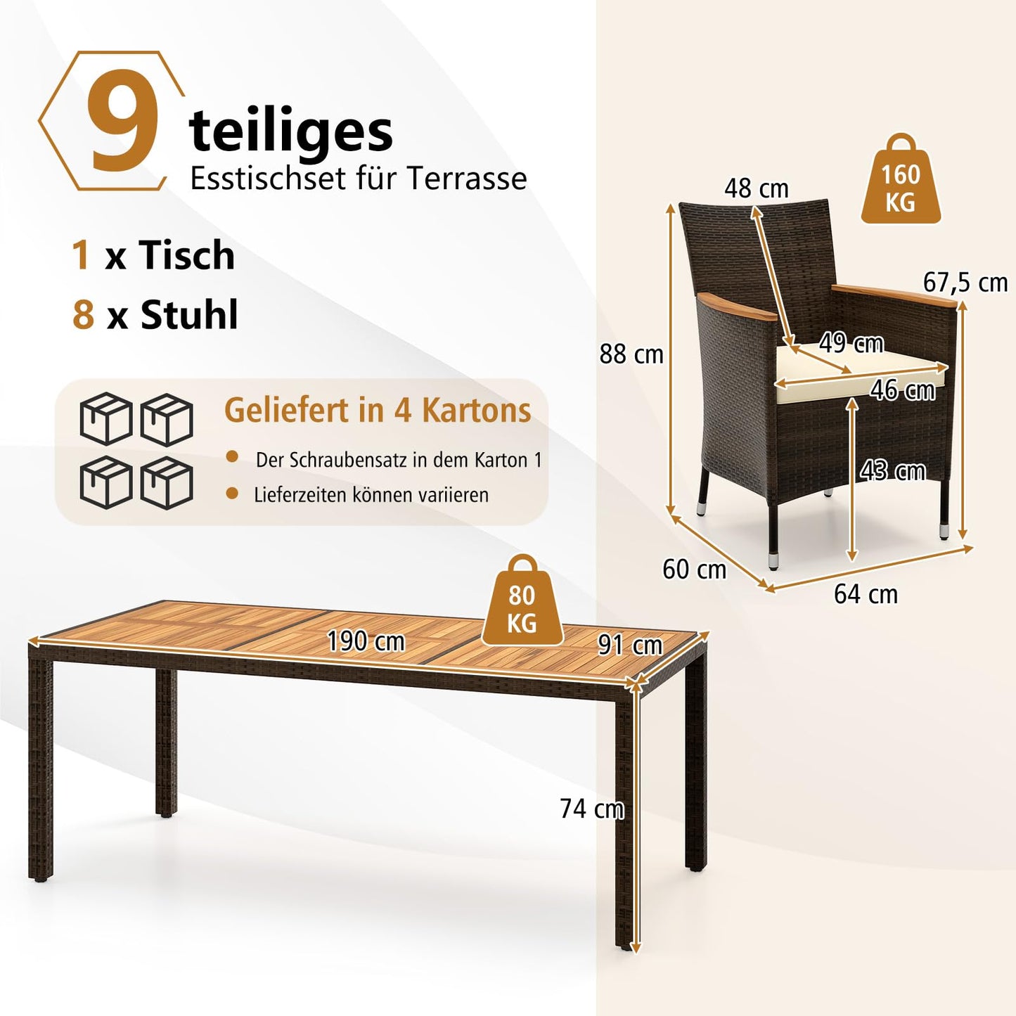 COSTWAY 9 TLG. Rattan Gartenmöbel Set, Sitzgruppe für 8 Personen, Gartentisch mit Tischplatte aus Akazienholz, 8 stapelbare Stühle & Kissen, Terrassenmöbel Set, Sitzgarnitur, Gartengarnitur, Essgruppe