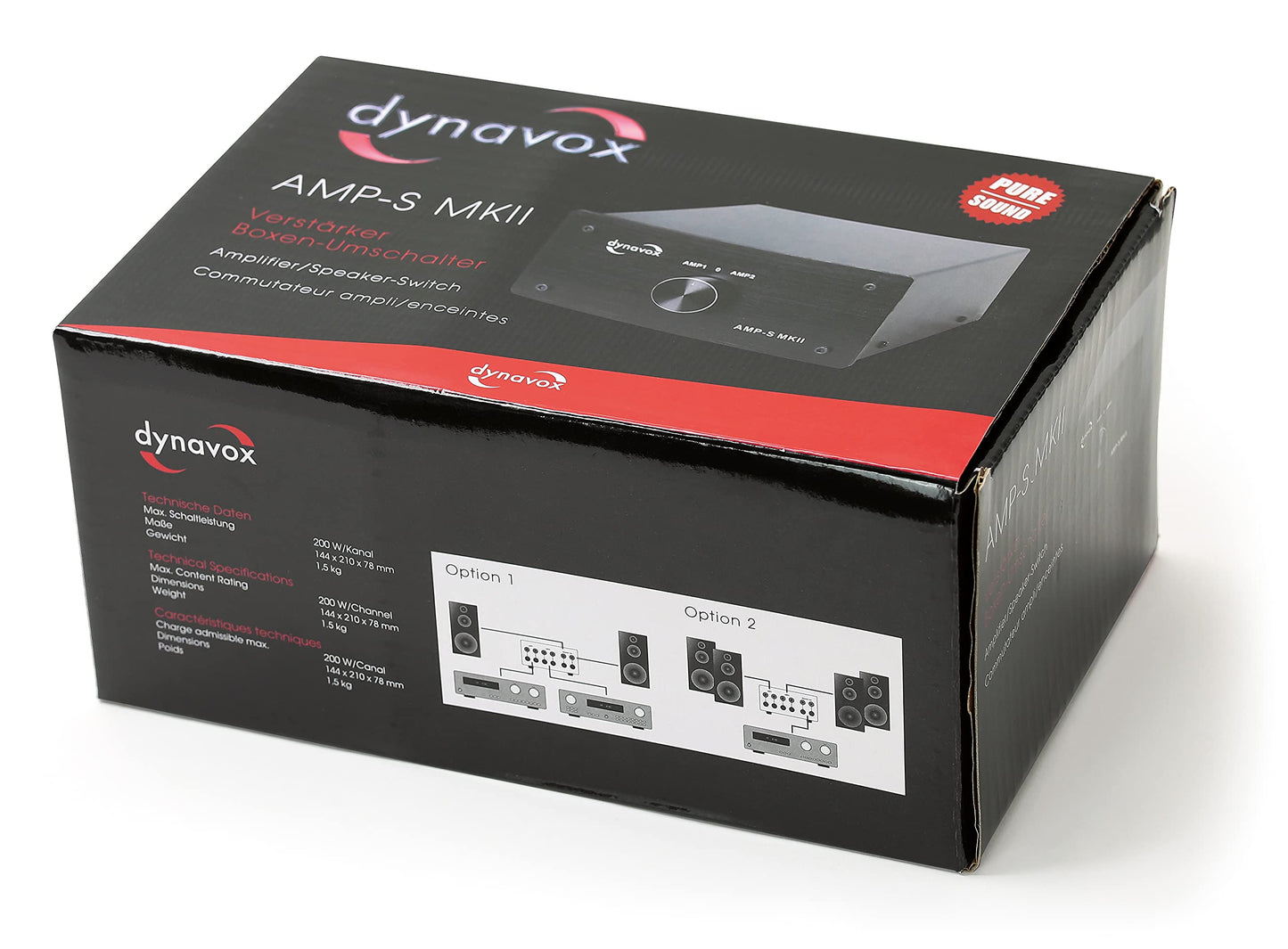 Dynavox AMP-S MKII, Verstärker- und Boxen-Umschalter in Metallgehäuse, für Stereo- und Surround-Verstärker, Verbindung über Bananenstecker oder Klemmanschluss, Schwarz