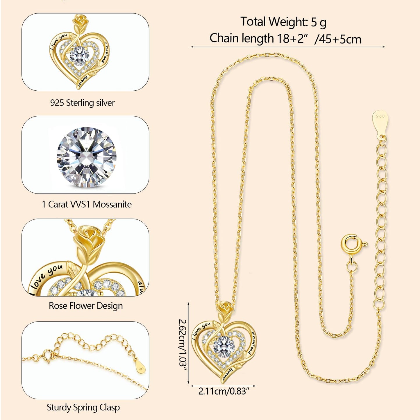 LAVUMO Moissanite Halskette Damen Silber 925 Rosegold Gold,1 Karat Moissanite Kette Doppel Herz Rose Anhänger Weihnachten Valentinstag Geburtstag Schmuck Geschenke Frauen Freundin Mama