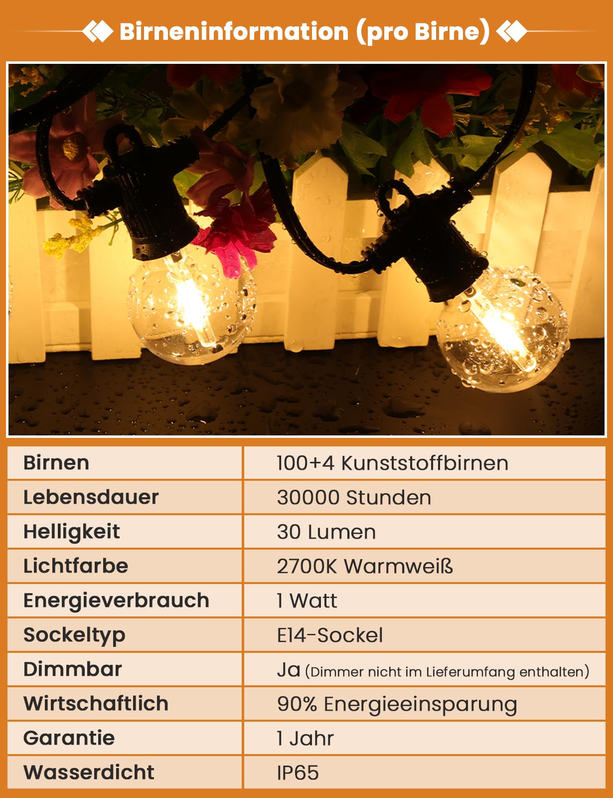 ZOTOYI Lichterkette Außen Glühbirnen 60M, IP65 Wasserdicht Outdoor Lichterkette Strom mit 100+4 G40 LED Bruchsicher Glühbirnen Plastik, Innen&Außen Lichterketten für Garten,Party,Terrasse,Balkon