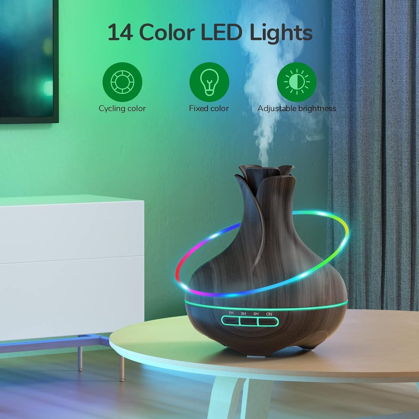 Aroma Diffuser, 600 ML Mit 8 Ätherischen Ölen, Luftbefeuchter Schlafzimmer, Luftbefeuchter mit Fernbedienung, 4 Timer, Automatische Wasserlose Abschaltung für Große Räume