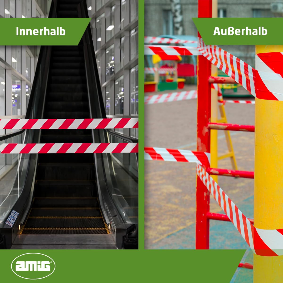 Amig - Absperrband | Hergestellt aus Niederdruck - Polyethylen LDPE | Maße: 200 m Länge x 70 mm Breite | Signalband zur Abgrenzung von Sicherheitsbereichen | Farbe: Rot und Weiß