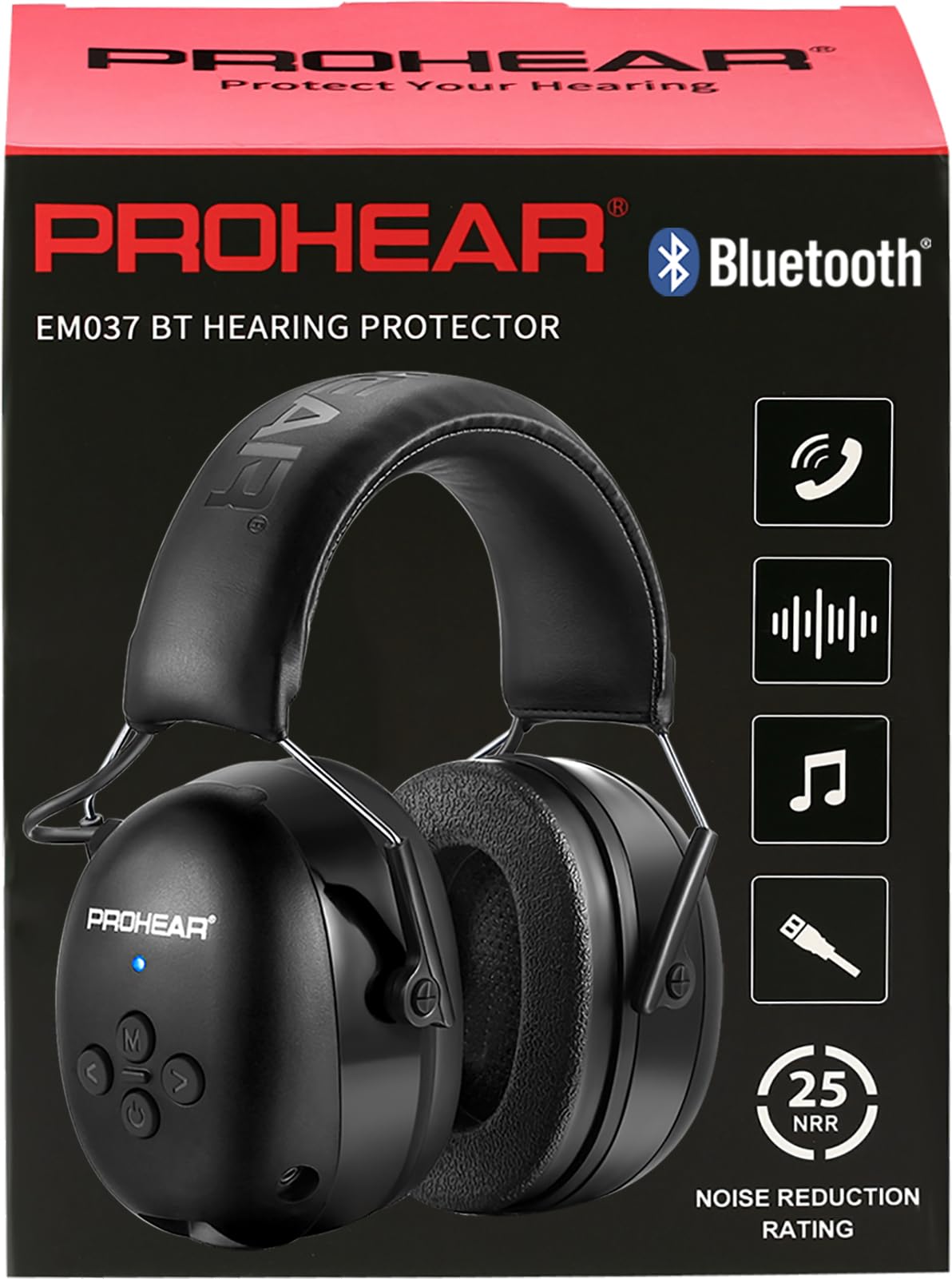 PROHEAR 037 Gehörschutz mit Bluetooth, BT 5.3-Technologie Kopfhörer mit Eingebautem Mikrofon und Lärmreduzierung für Mähen und Lärmintensive Freizeitaktivitäten, SNR 30dB, NRR25dB - Schwarz