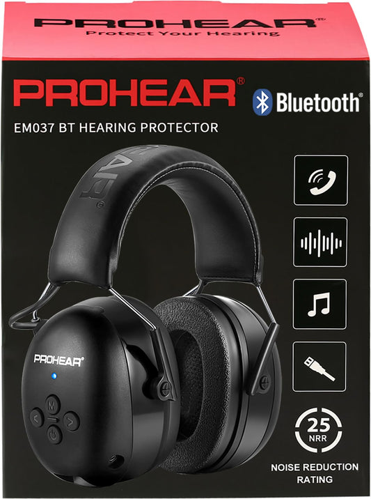 PROHEAR 037 Gehörschutz mit Bluetooth, BT 5.3-Technologie Kopfhörer mit Eingebautem Mikrofon und Lärmreduzierung für Mähen und Lärmintensive Freizeitaktivitäten, SNR 30dB, NRR25dB - Schwarz