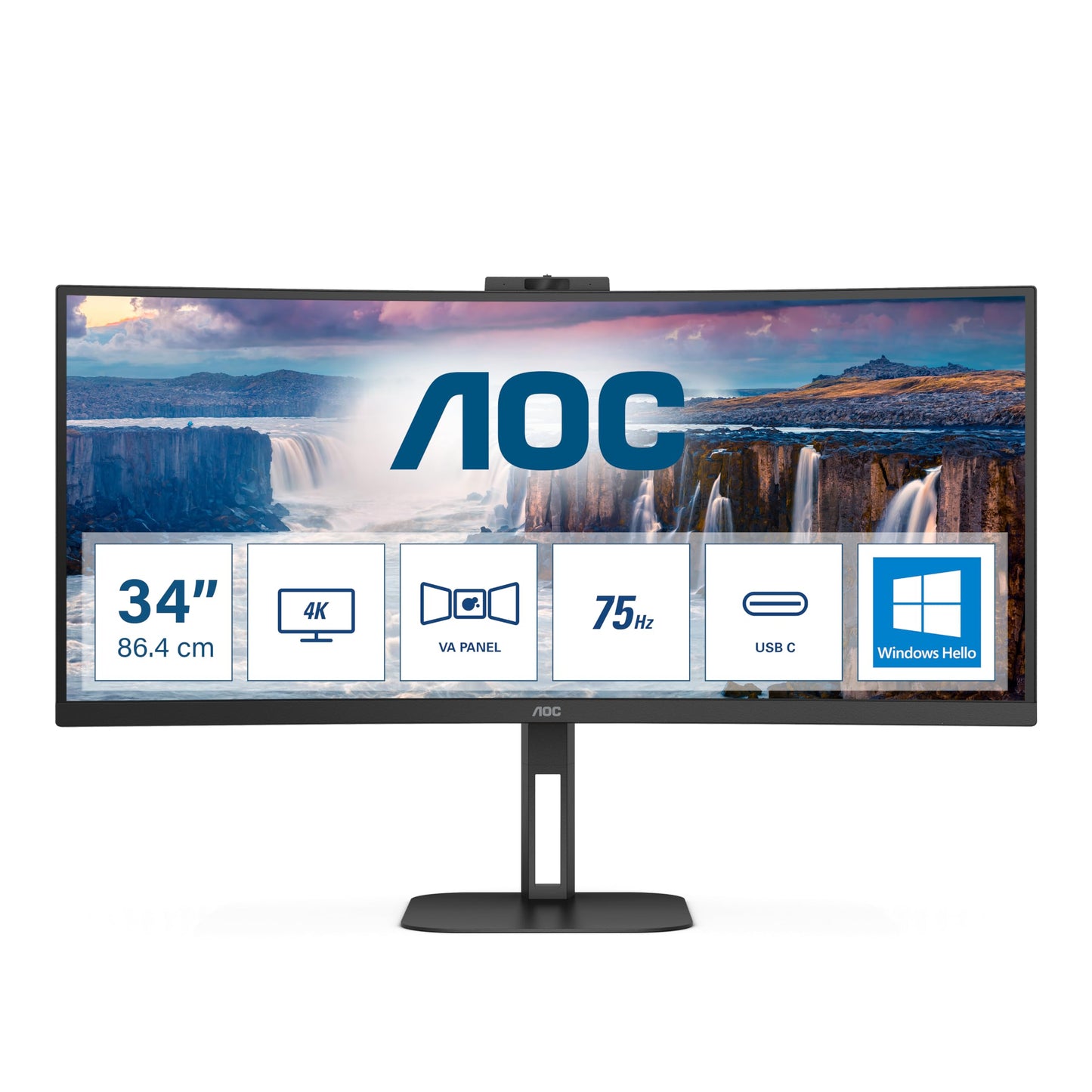 AOC CU34V5CW - 34 Zoll WQHD Curved Monitor, 2 MP Webcam, Lautsprecher, höhenverstellbar (3440x1440, 100 Hz, HDMI, DisplayPort, USB-C, USB Hub) schwarz