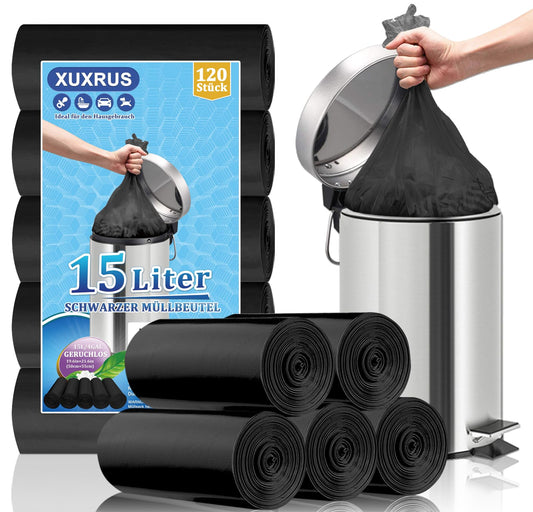 XUXRUS Müllbeutel 15L Müllsäcke Schwarze Mülltüten Kleine Reißfest Abfallbeutel Geeignet für Badezimmer,Toiletten und Küchen,120 Stück