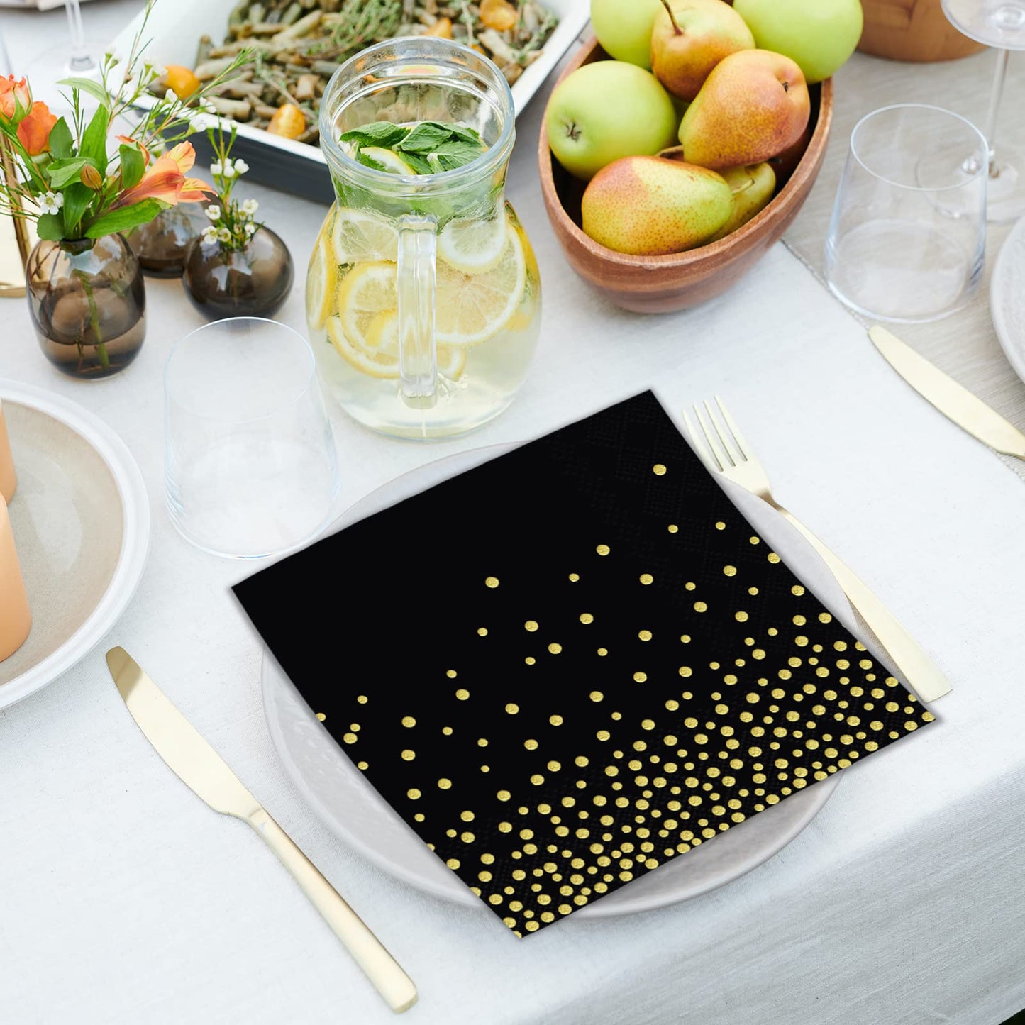 Servietten, Goldfolie Party-serviette Schwarz Golddruck Gepunktete 3-lagig Papier Servierten, Cocktailservietten 33x33cm Papierservietten mit metallic Aufdruck, 20 Stück