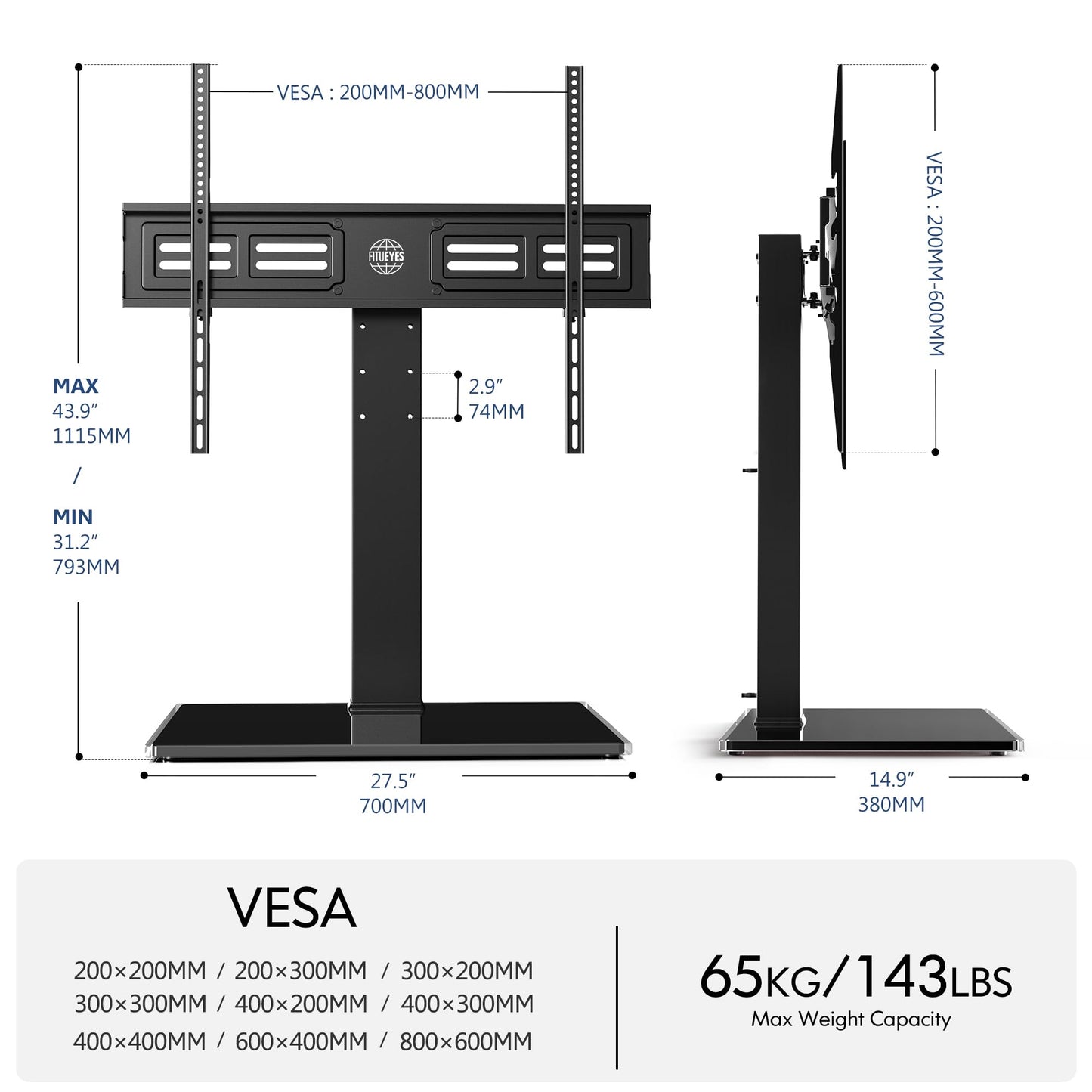 FITUEYES TV Standfuss Universal TV Ständer für 50-85 Zoll Flach & Curved Fernseher bis zu 50kg Schwenkbar Höhenverstellbar Max. VESA 800 * 600