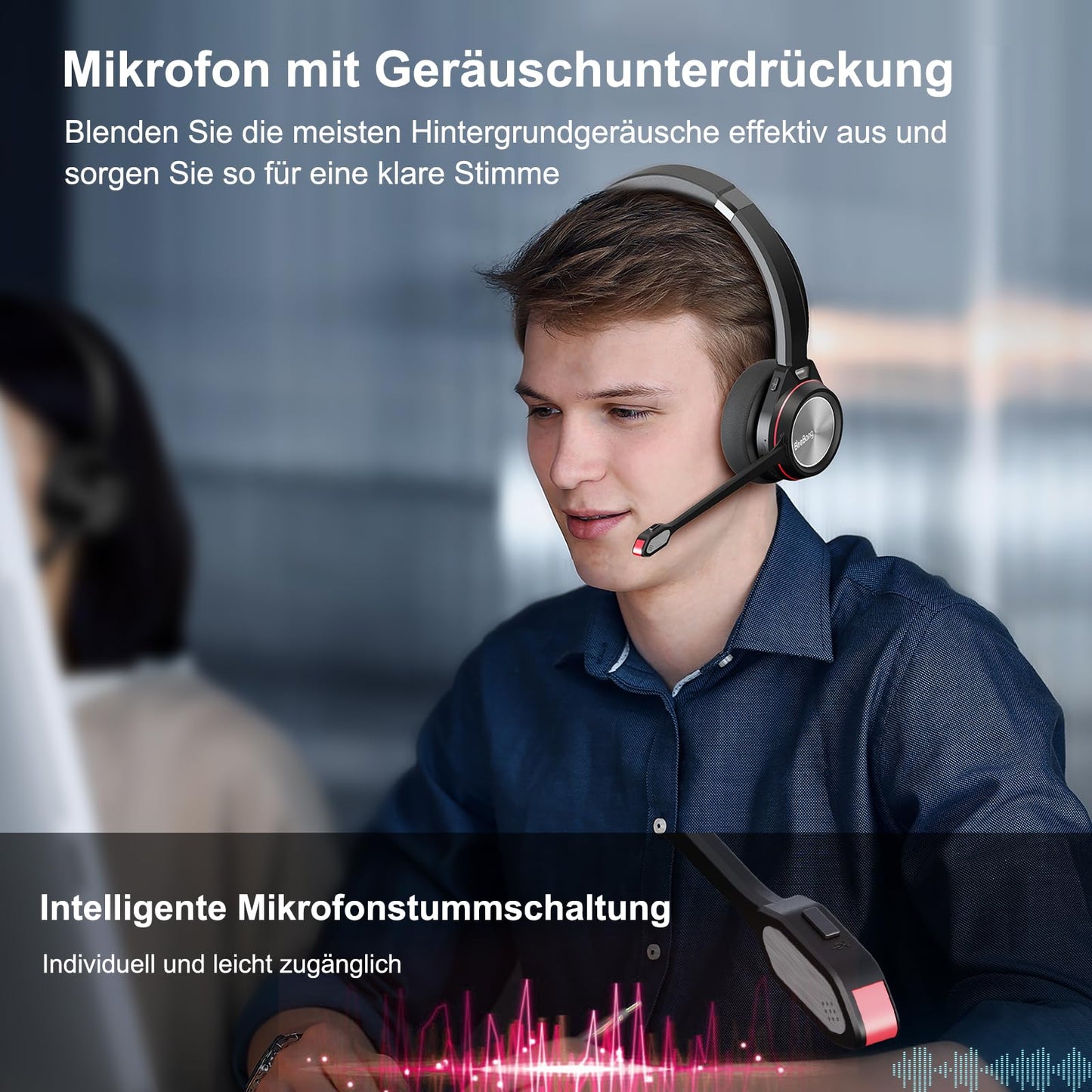Beebang Bluetooth Headset Schwarz mit Noise-Canceling-Mikrofon, Ladestation und USB-Dongle, 40 Stunden Sprechzeit für PC, Mac und Teams