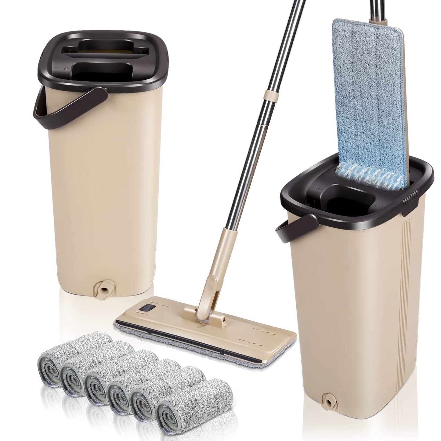 Masthome Wischmopp Set mit Eimer,Bodenwischer Set mit Eimer, 138cm Wischmopp mit Auswringfunktion, 6 Wischpads,Mikrofaser Flacher Mopp aus Einstellbar Edelstahlgriff für Alle Bodentypen Bodenreinigung