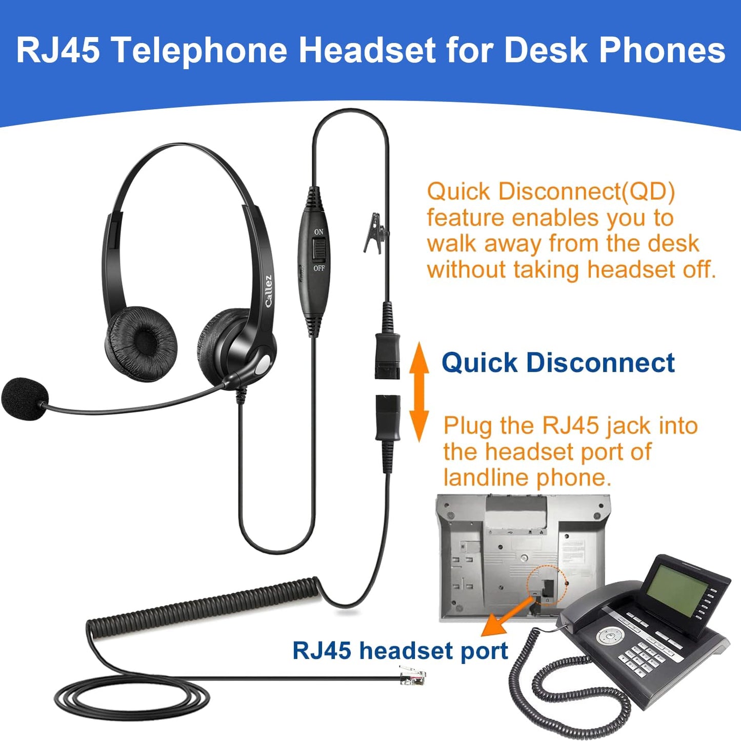 RJ45 Telefon Headset mit Mikrofon Noise Cancelling & Quick Disconnect Kabel, Festnetztelefon Kopfhörer Kompatibel mit Siemens Unify OpenStage 30 40 60 80 OpenScape, Mitel/Aastra 5370 6773 Telefone
