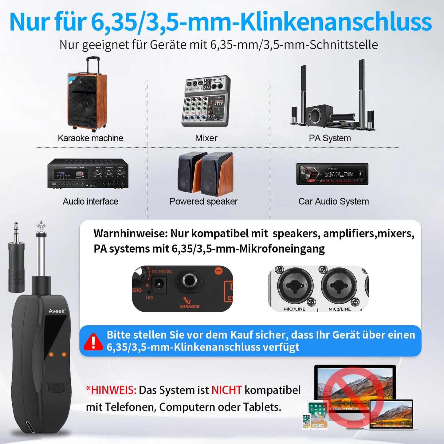 Aveek Karaoke Mikrofon Kabellos Set, 2.4GHz Drahtloses Handmikrofon,6,35/3,5 mm Mikrofonöffnung,Mit Aufladbarem Empfänger,Geeignet Für Karaoke-Maschinen, Hochzeiten, DJs, Partys