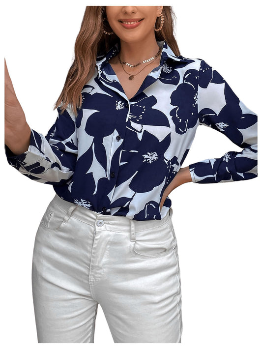 GORGLITTER Damen Elegante Bluse Langarm Oberteil Mit Blumenmuster Hemd Shirt Bluse Mit Stehkragen Locker Bluse Herbst Blusen Büro Bluse Blau M