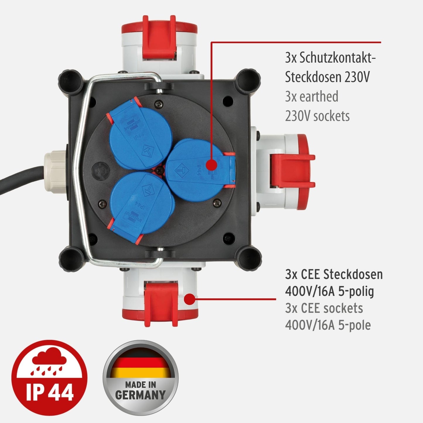 Brennenstuhl Kompakter Gummi-Stromverteiler - Gummiverteiler (1m Kabel, 3X CEE 400V/16A, 3X 230V/16A, Baustelleneinsatz und ständigen Einsatz im Freien, Made in Germany)