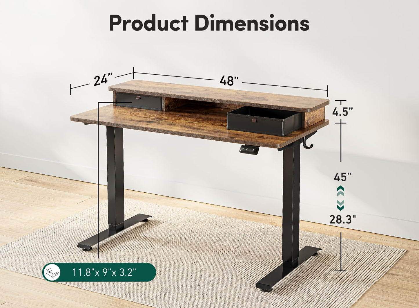 FEZIBO Höhenverstellbarer Elektrischer Stehtisch mit Doppelschublade, 120 x 60 cm Heimbüro Schreibtisch mit Ablagefach, Sitz-Steh-Schreibtisch Computerarbeitsplatz, Rustikal Braun Oberfläche
