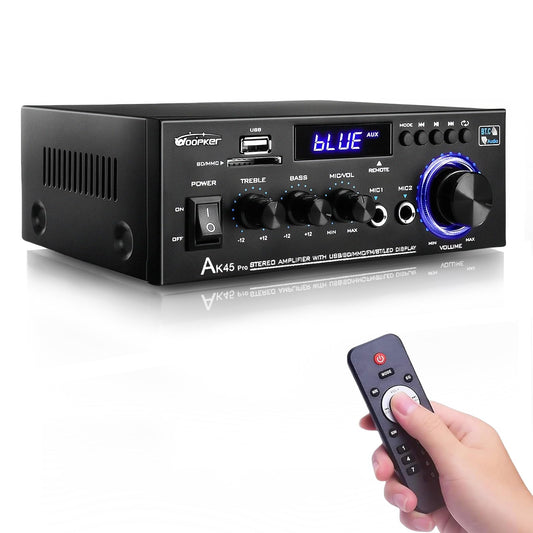 AK45 Pro HiFi-Verstärker WOOPKER Mini Verstärker, 500W,2 Kanäle Bluetooth Verstärker HiFi Stereo w/UKW-Radio, USB,SD,RCA,MIC In,Audio Verstärker Receiver für Zuhause oder Auto