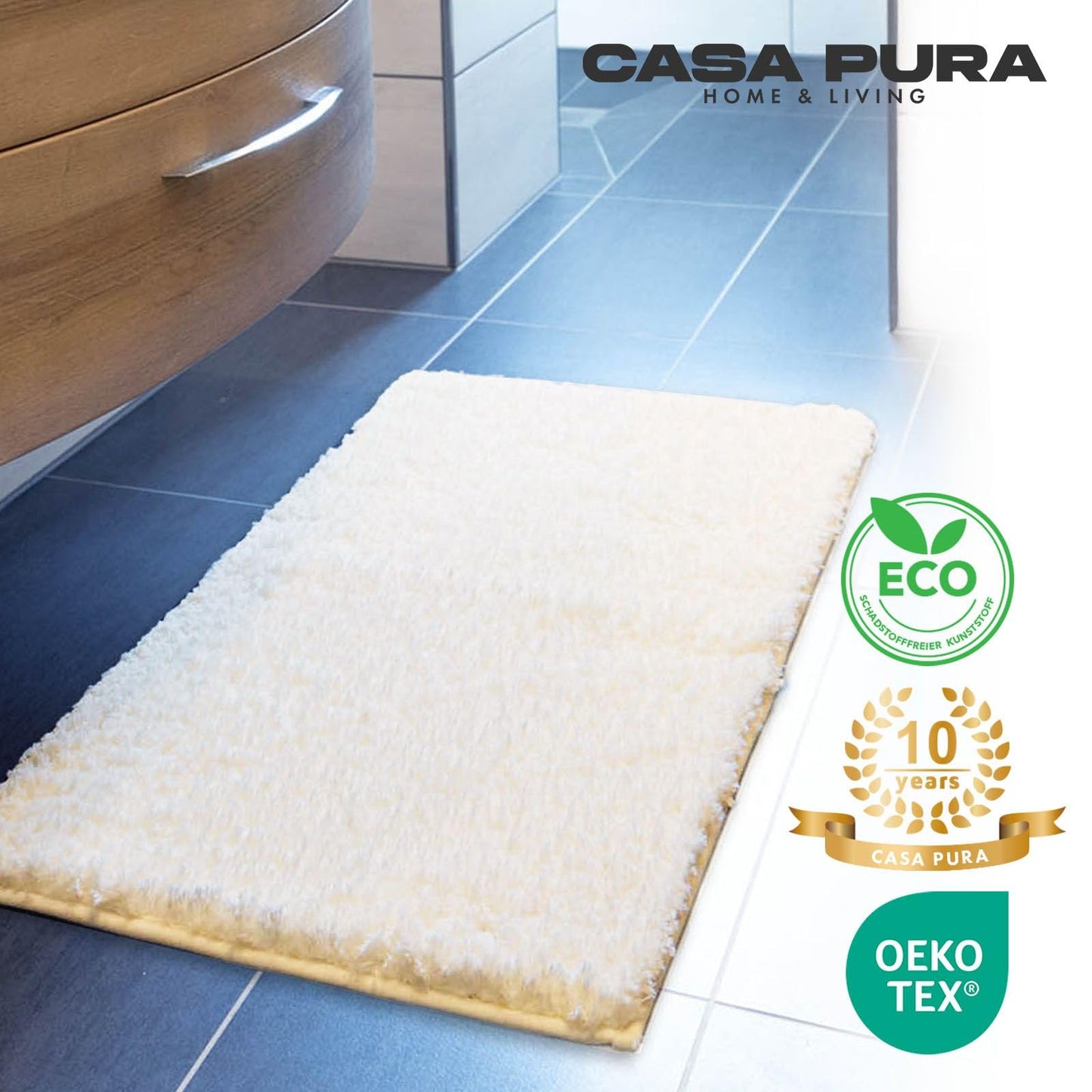 casa pura Badematte Creme weicher, Flauschiger Badezimmerteppich in Shaggy Optik, Badvorleger rutschfest waschbar - Duschvorleger, Teppich Fußmatte für Badezimmer, Dusche 50x80 cm, Ivory Sky Soft