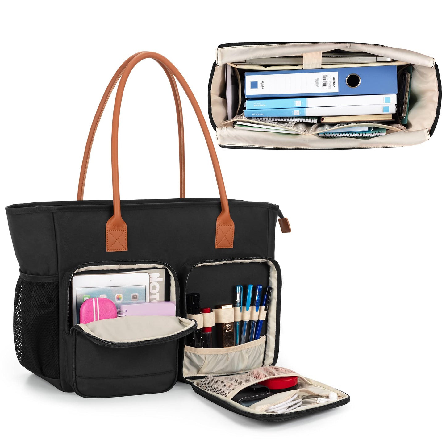 CURMIO Lehrertasche, Tragbare Aktentaschen mit Gepolsterte Laptop Fach, Lehrer-Arbeitstasche für Frauen, Ideal für Lehrer, Pädagogen, Schwarz (LEERE TASCHE)