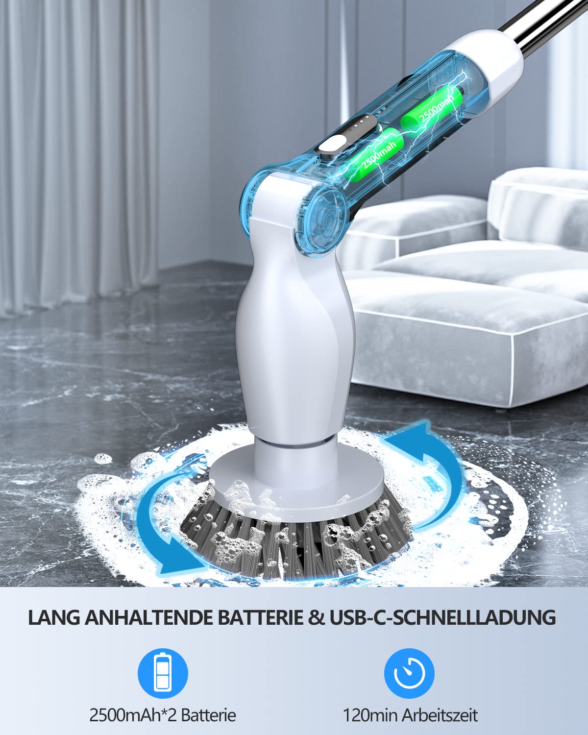 Leebein Elektrische Reinigungsbürste, 2023 Neues Spin Scrubber mit 8 Austauschbaren Bürstenköpfen, Verstellbarem Verlängerungsgriff 37-130CM & 2 Rotationsgeschwindigkeiten für Bad/Küche/Auto