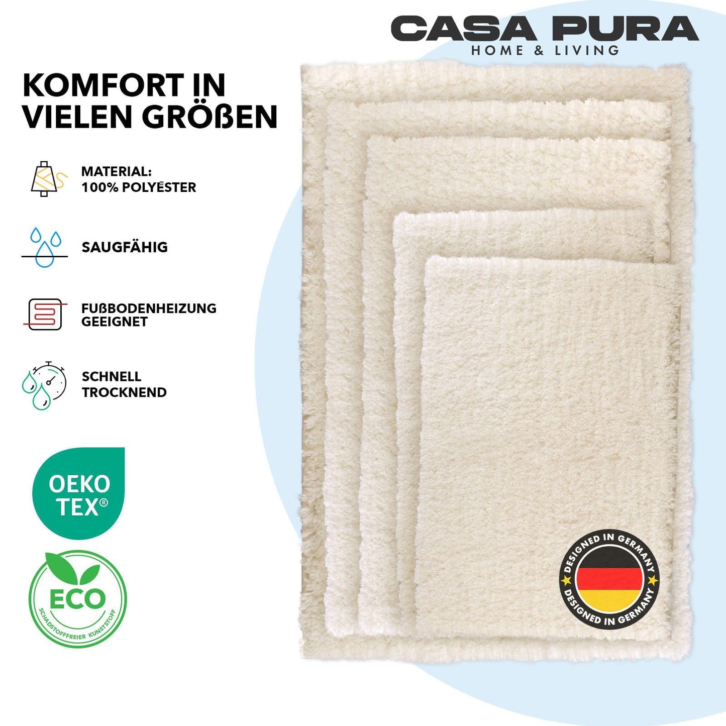 casa pura Badematte Creme weicher, Flauschiger Badezimmerteppich in Shaggy Optik, Badvorleger rutschfest waschbar - Duschvorleger, Teppich Fußmatte für Badezimmer, Dusche 50x80 cm, Ivory Sky Soft