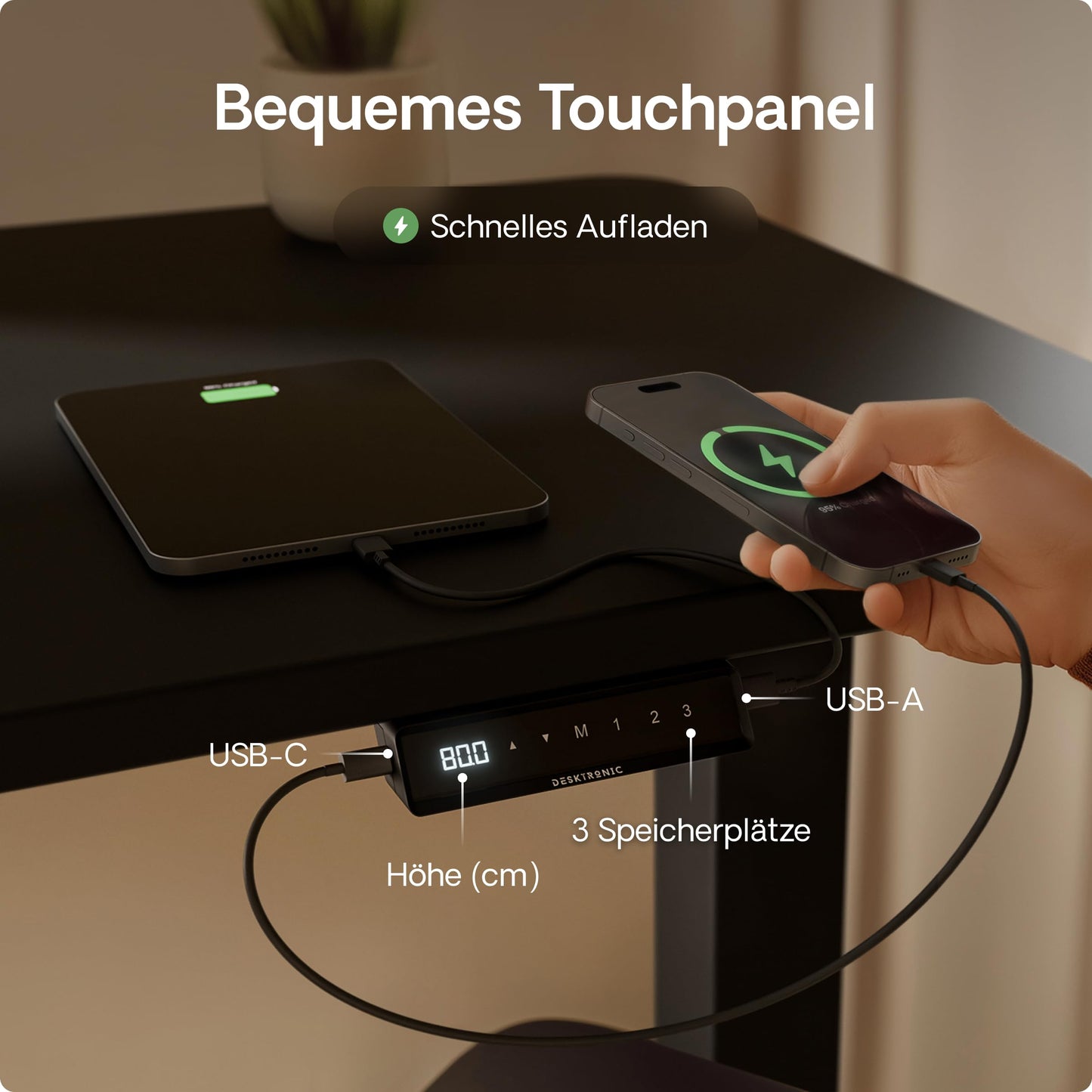 Desktronic HOME-ONE Höhenverstellbarer Schreibtisch 140×70 cm, Schwarz, Elektrisch mit USB & Touchscreen
