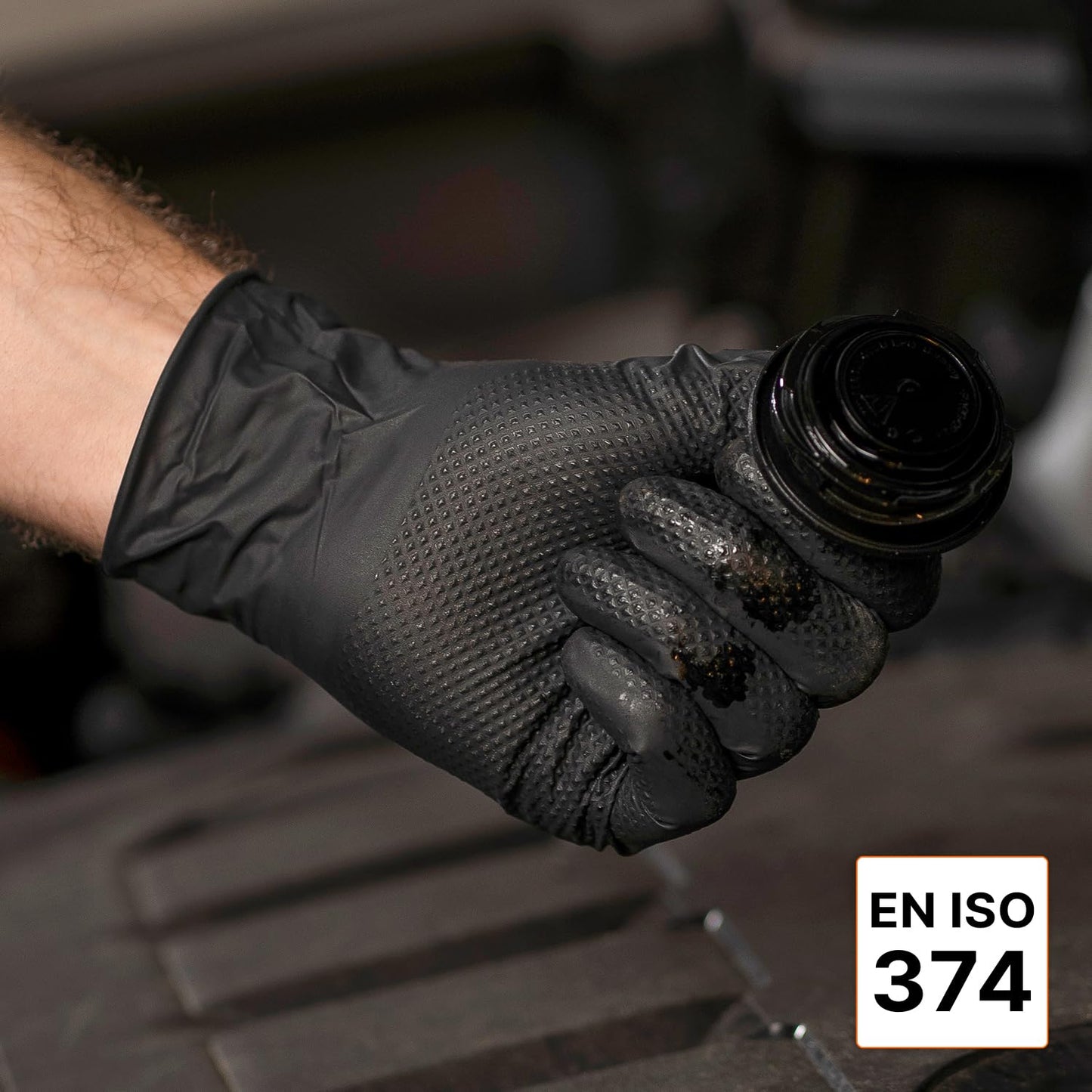 PROGRIP Einweghandschuhe Diamant Grip, Schwarz, Einmalhandschuhe Extra Stark, Nitrilhandschuhe Gr. L, 2x dicker, Handschuhe Einweg, Arbeitshandschuhe für Werkstatt & Montage, 50 Stk/Box