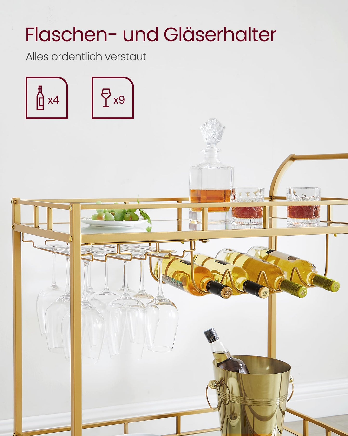 VASAGLE Servierwagen, Rollwagen, Gläserhalter, 2 verspiegelte Glasablagen, Barwagen, Weinwagen, für Küche, Esszimmer, Bar, goldfarben LRC090A03