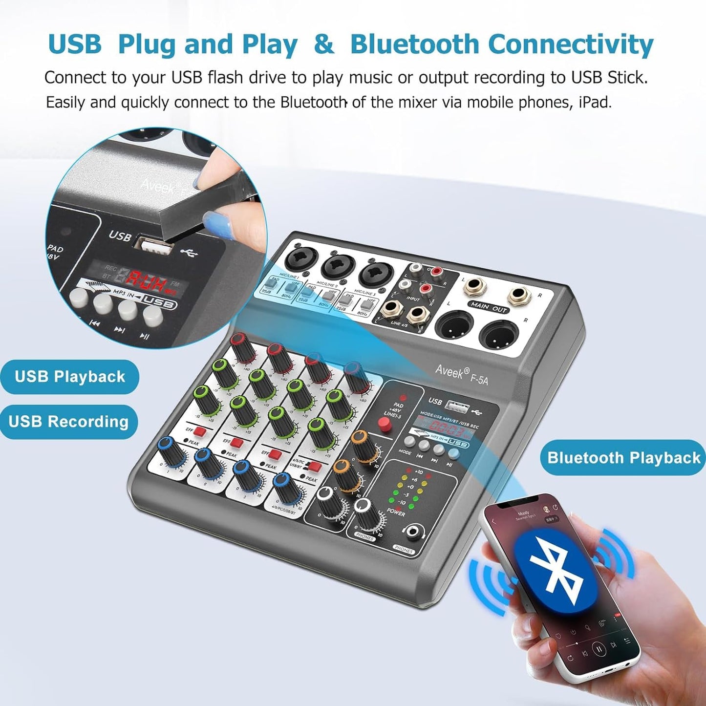 Aveek Professioneller Audio-Mixer, Soundboard-Mischpult mit 5-Kanal-Digital-USB-Bluetooth-Hall-Delay-Effekt, Eingang 48 V Phantomspeisung, Stereo-DJ-Mixer für Aufnahmen, Live-Streaming, Podcasting