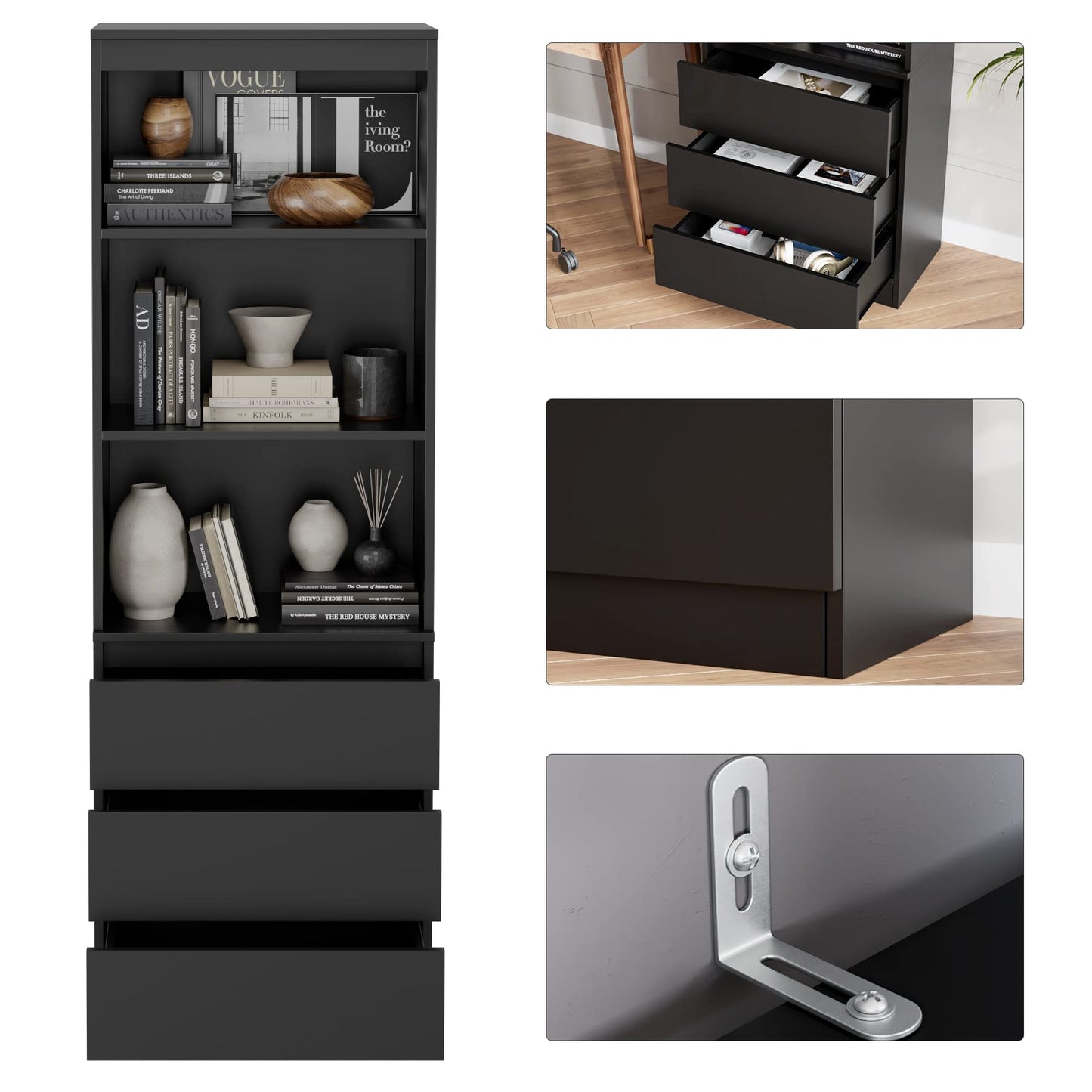 FirFurd Bücherregal mit 3 Schubladen 3 Fächern, 180 cm Hochschrank, Küchenschrank aus Holz, Mehrzweckschrank für Wohnzimmer Büro Küche, Schwarz