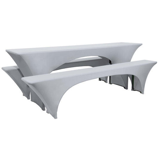 Beautissu Edles Strechhussen Set 3tlg. Victoria - Elastische Hussen für Bierzeltgarnitur 220x50 cm – Festliche Husse Biertisch + 2 Bierbank in Grau