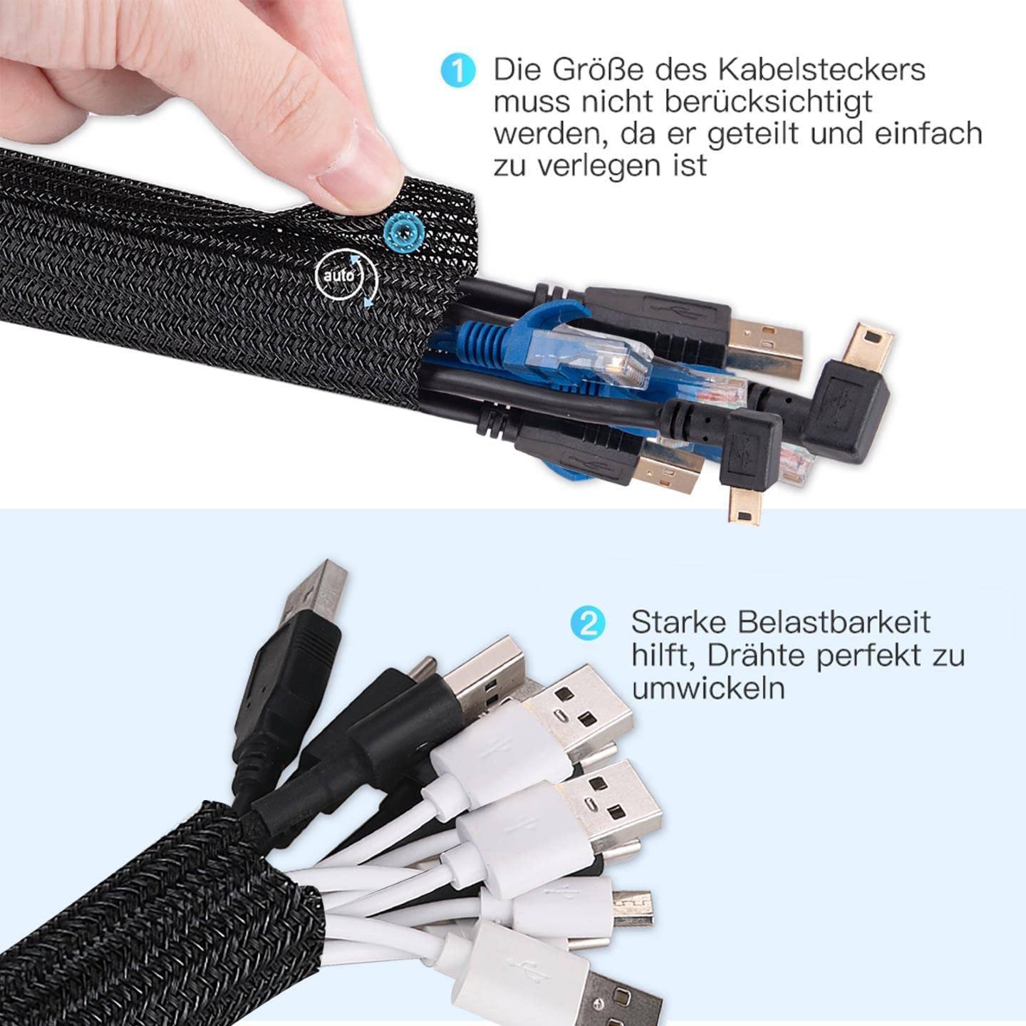 AGPTEK 3m Kabelschlauch, 12-20mm selbstschließend Kabelkanal, Flexibler gewebter Kabelmantel, Kabelmanagement für Schreibtisch, TV, Computer, PC, Kabelschutz für Hund, Katze, Schwarz