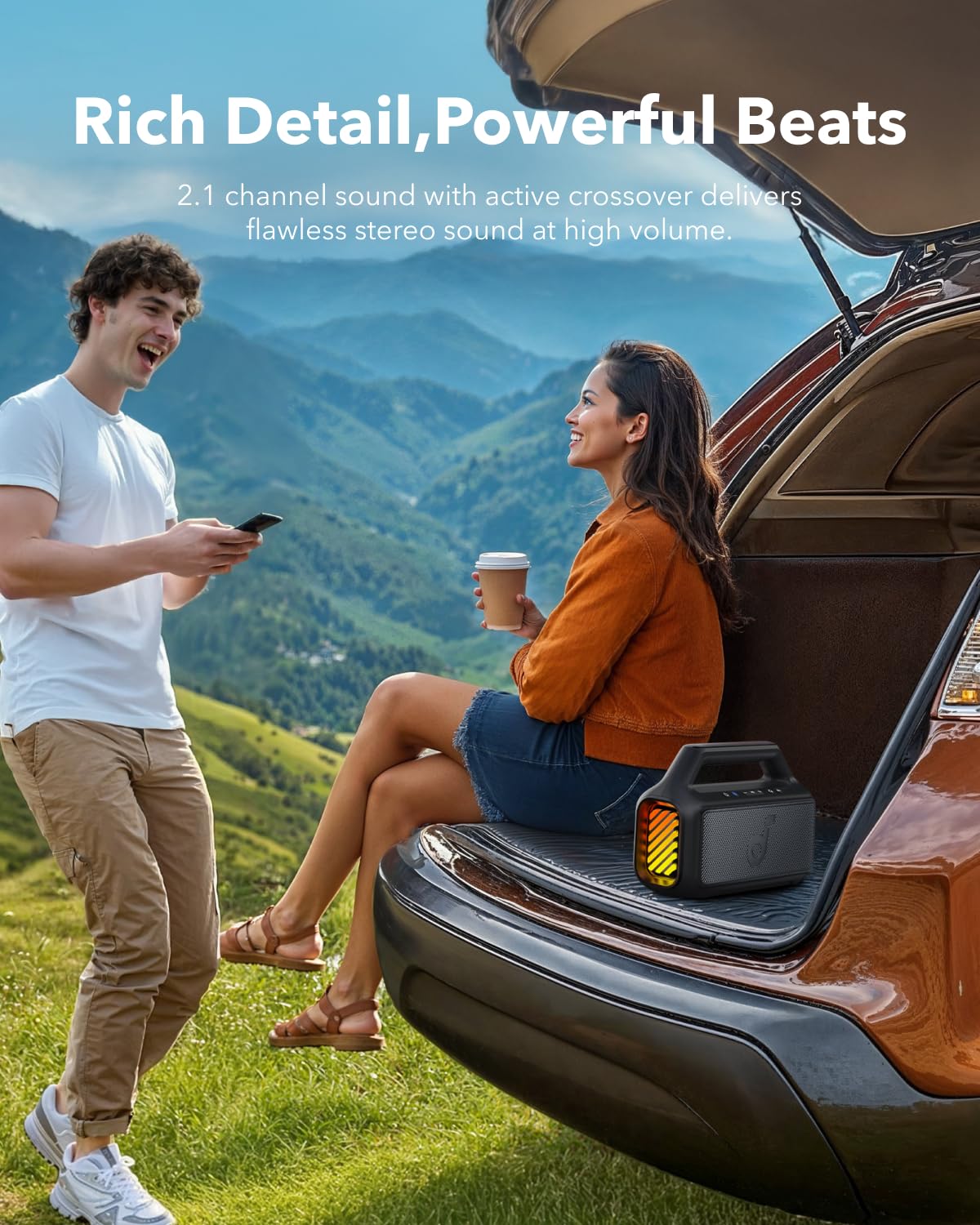 soundcore by Anker, Boom 2 Outdoor-Lautsprecher, 80W, Subwoofer, BassUp 2.0, 24h Akku, IPX7 Wasserdicht & Schwimmt, LED-Licht, USB-C, EQ, BT 5.3, Mobiler Bluetooth-Speaker, Camping, Strand, Garten