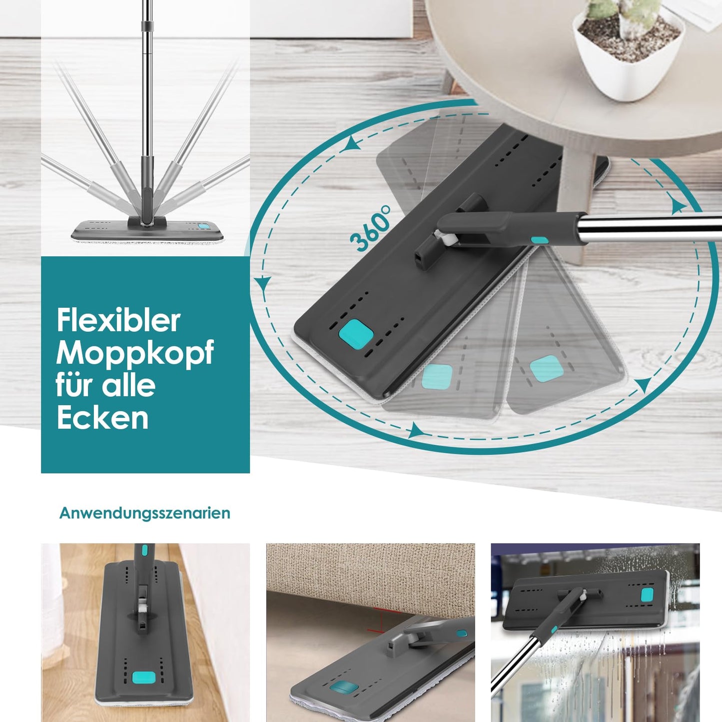 Myiosus Wischmopp Set mit Eimer, Bodenwischer, Flach Wischer Boden mit 140 cm Edelstahlgriff, 2 in 1 Putzeimer mit Wischmop, 360° Drehung, Mikrofaser Wischer mit Auswringfunktion für Alle Böden-6 Pads