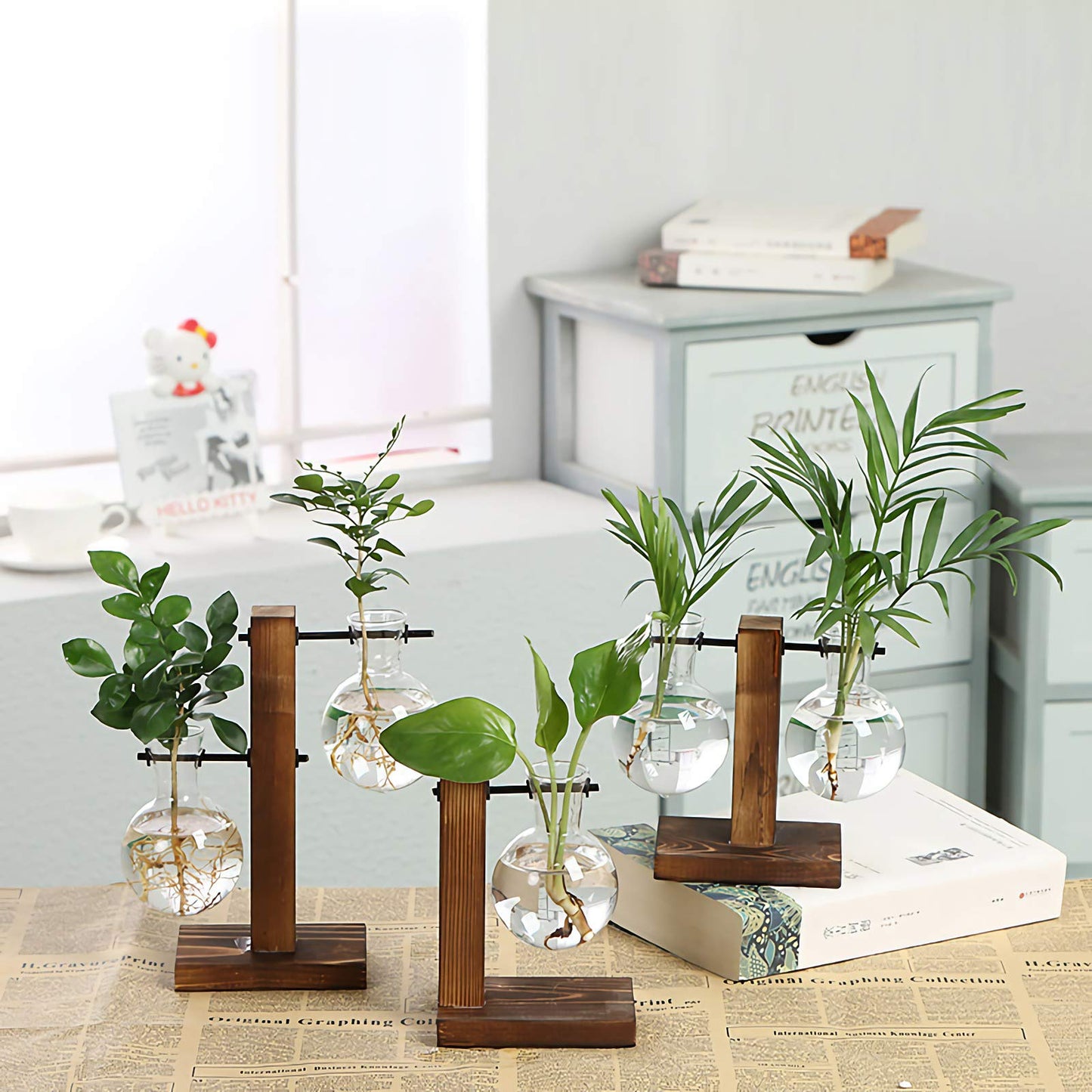 WUWEOT 3 Stück Hydroponik Glasvase mit Holz Halter Hängevase Blumenvase Tischvase Dekovase Birne Vintage Avocado Vase mit Holzständer Dekoration für Zuhause Garten Büro Schreibtisch