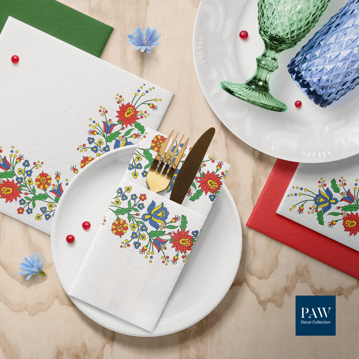 PAW - Servietten aus Airlaid - Stoffähnlich (1/8 pocket) I 25 Stück I Ideal für Hochzeit, Taufe, Kommunion, Geburtstag I Stoffservietten - Blumen, Volkstümlich I Farbe: Folk Flowers