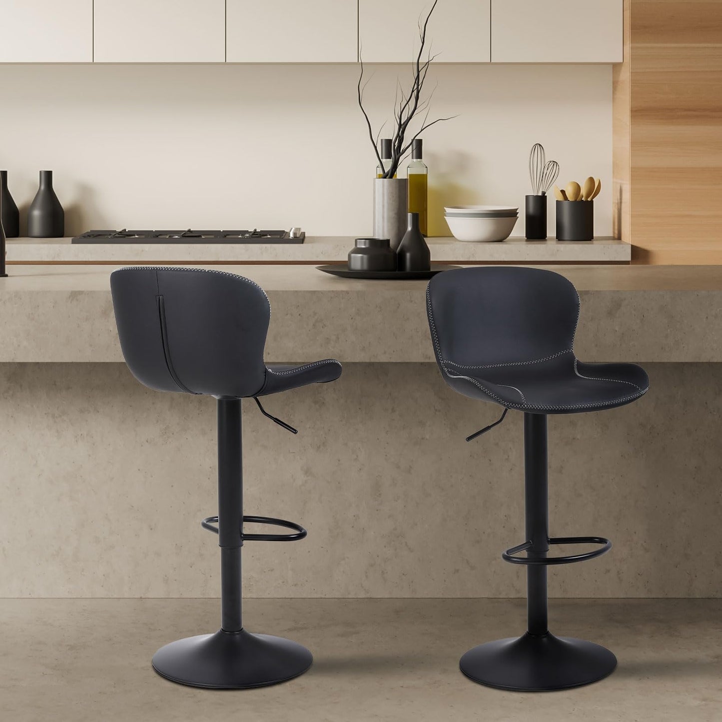 Youhauchair Barhocker 2er Set, Barhocker Höhenverstellbar aus PU-Leder, wasserdicht und verschleißfest, Barhocker mit Lehne, Drehbarer bar Stool, modern, Schwarz