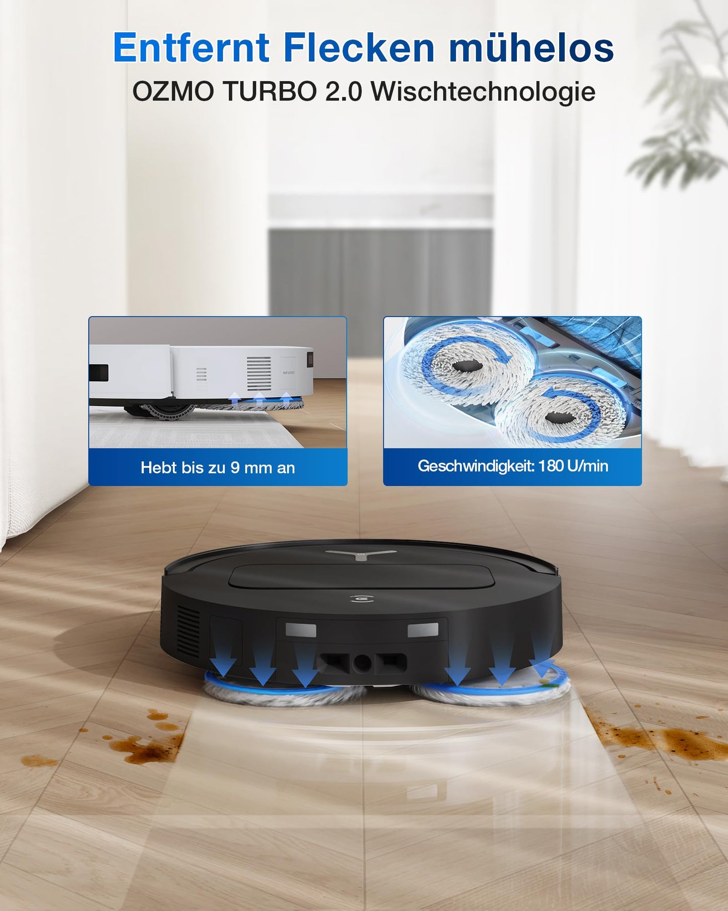 ECOVACS DEEBOT T50 Omni Saugroboter mit Wischfunktion,15.000 Pa, Ausziehbare Seitenbürste und Mopp, ZeroTangle 2.0, Moppwäsche mit 75°C heißem Wasser, All-in-One Station, ultradünn 81 mm, Schwarz