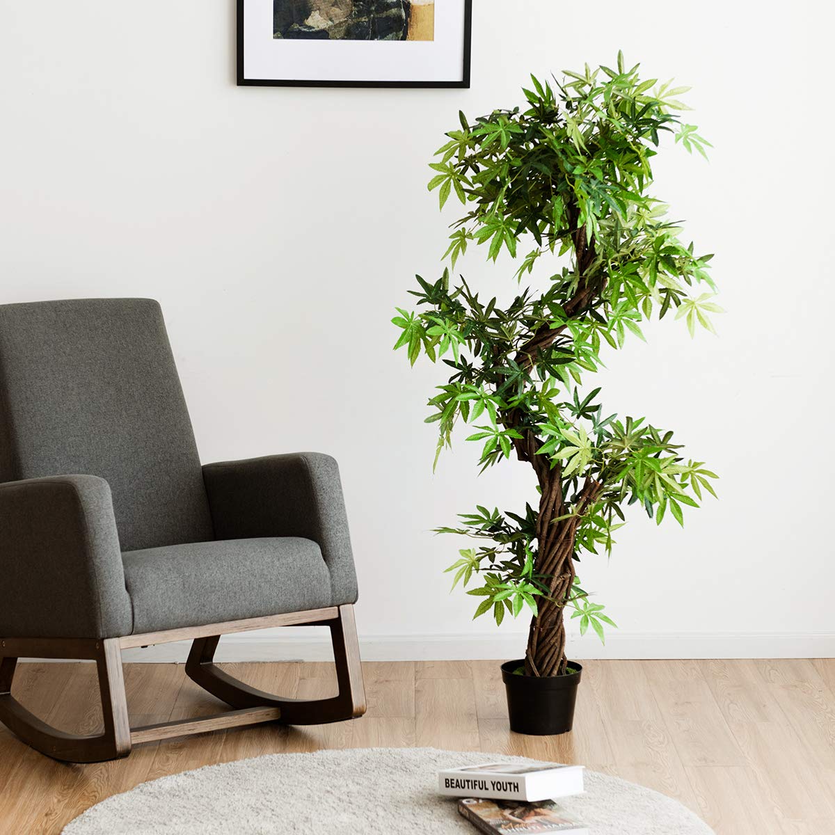 COSTWAY Künstliche Pflanzen Groß 160 cm, Kunstpflanze im Topf, Kunstbaum wie echt, Zimmerpflanze mit Naturholzstamm, für Zuhause, Büro