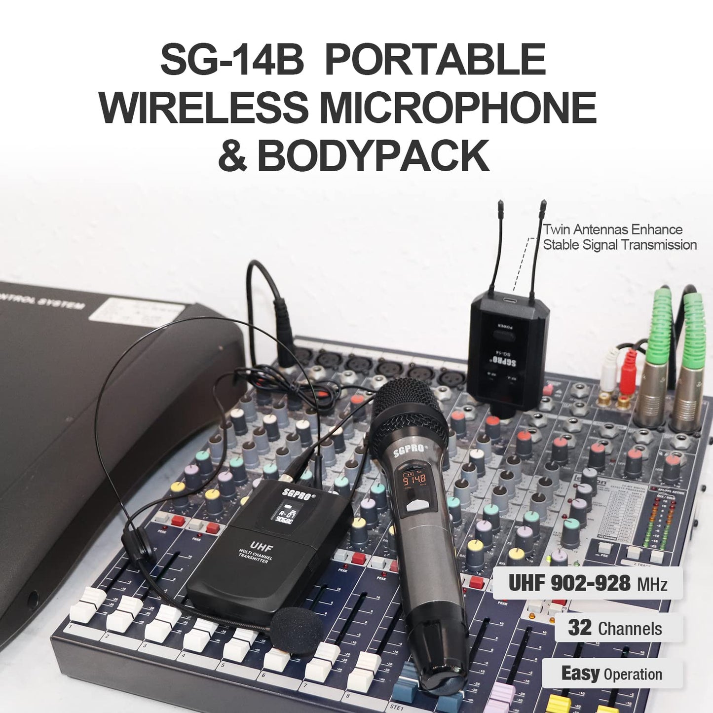 SGPRO Bodypack Headset and Handheld Wireless Microphone Set with Mini Mic and Compact Receiver 32 Preset Channels 262 Feet Transmission AA Batteries Powered Mics and Bodypack Transmitter…