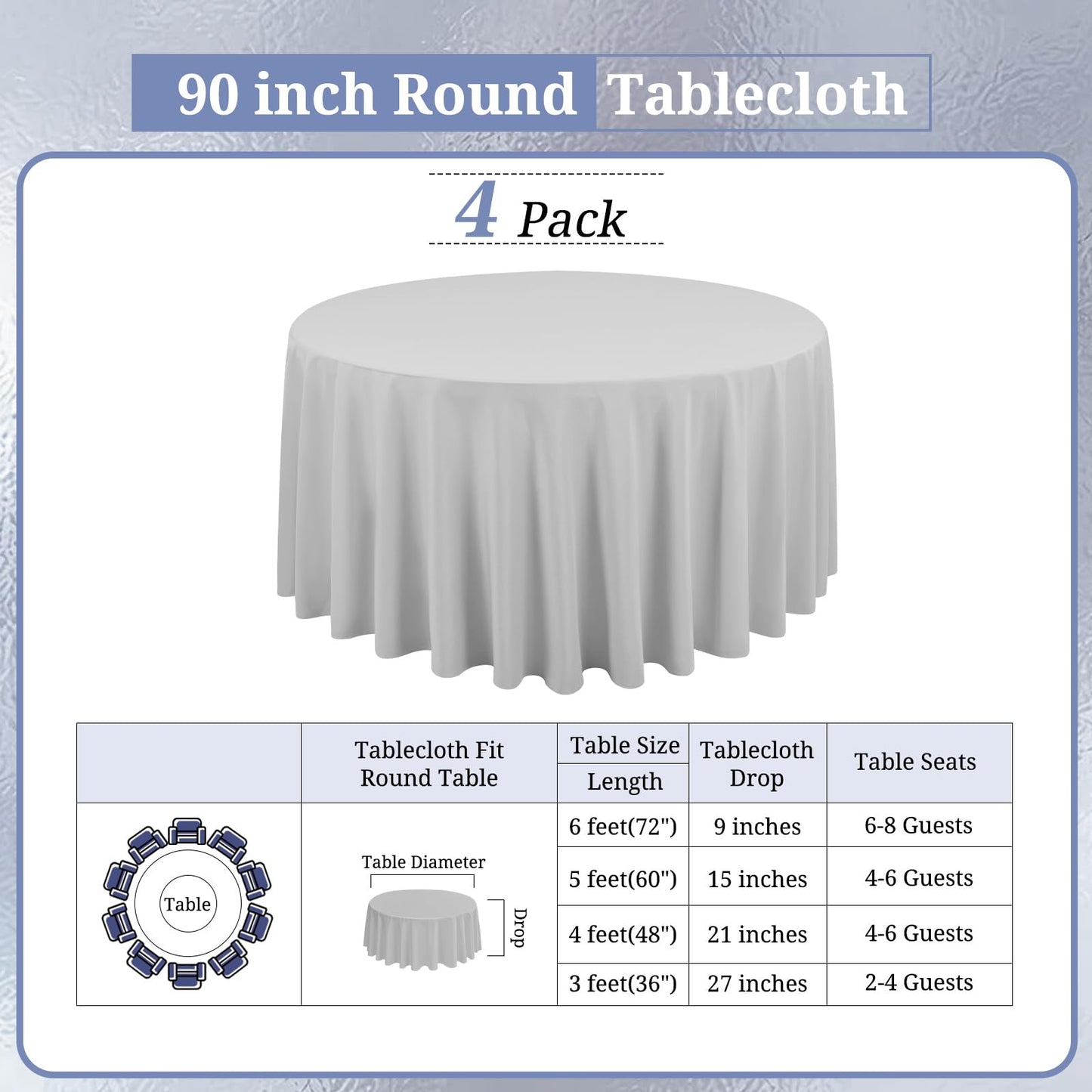 4 Stück Runde Tischdecke 229 cm, Hellgrau Polyester Tischdecke für Runden Tische schmutzabweisende und Waschbare Tischdecke Dekorative Tischdecke für Hochzeiten, Geburtstage, Partys, Bankette, Camping