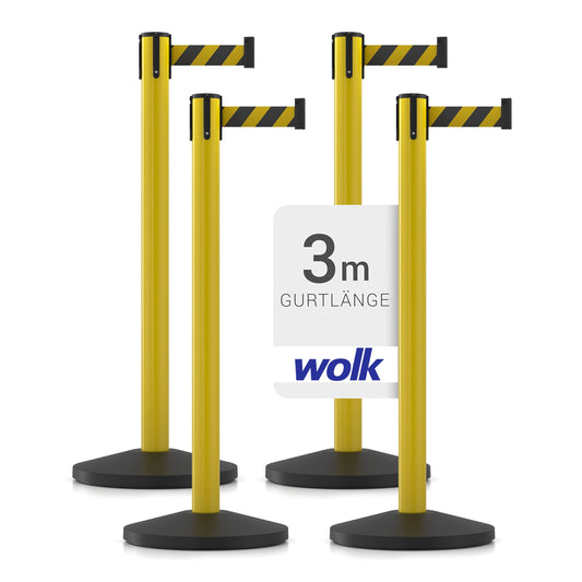 Gurtpfosten - 4er Set - Pfostenhöhe: 100,0 cm, Gurtlänge: 3,0 m, Gurtbandbreite: 5,0 cm - Metallpfosten gelb, Gurtfarbe Farbe: gelb/schwarz
