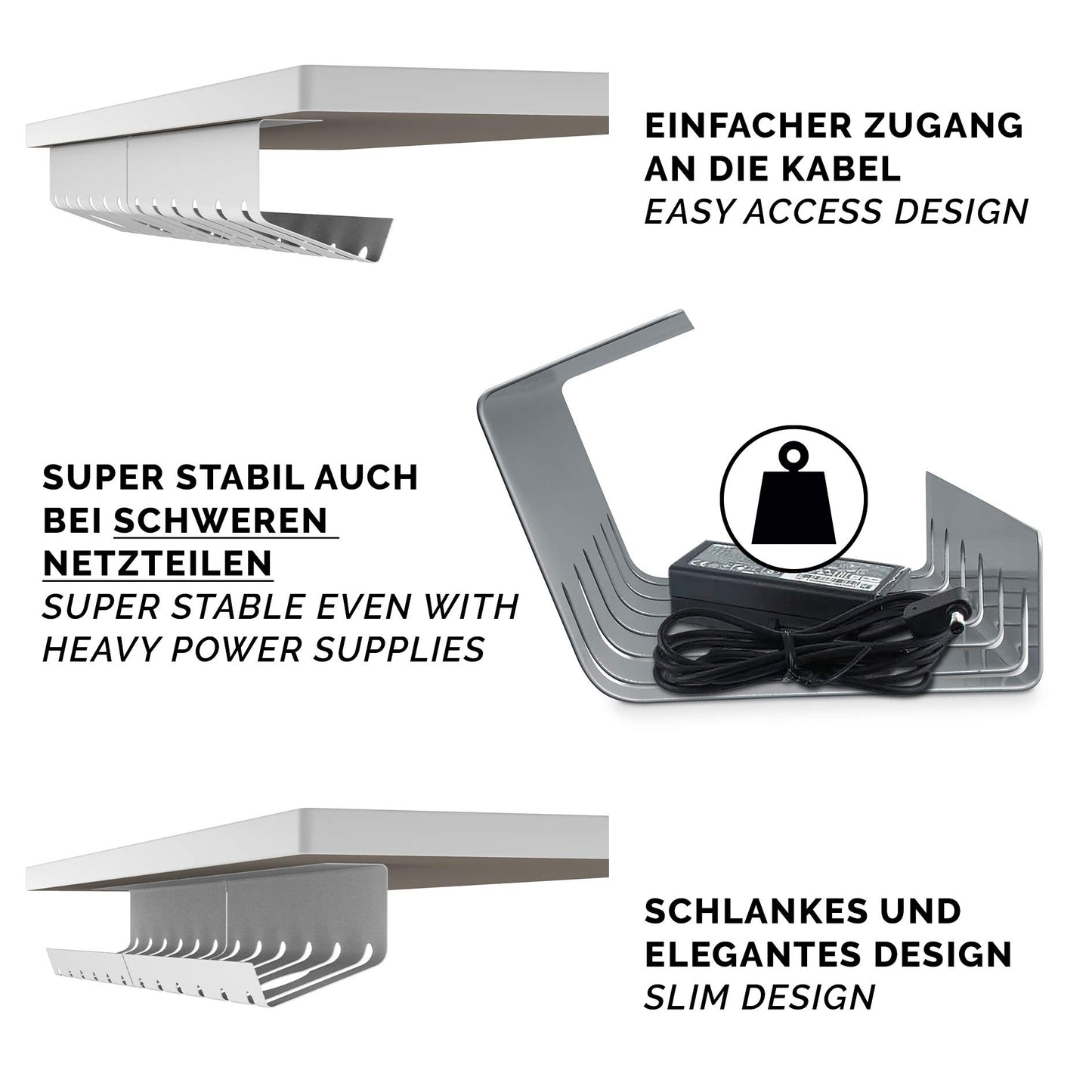 PAMO Kabelkanal Schreibtisch 3er Set zur einfachen Montage untertisch I inkl. 10x Klett Kabelbinder und Kabel-Clips I Schreibtisch Organizer für Büro/Home Office Tisch