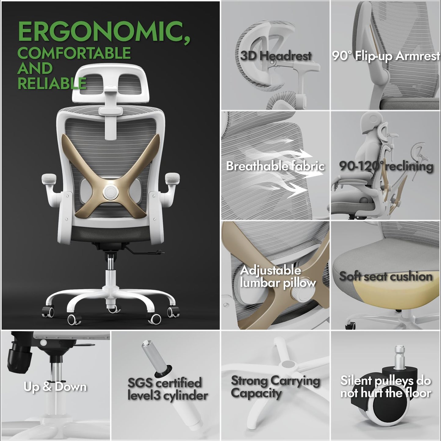 TRALT Ergonomischer Bürostuhl - X-förmiger Computerstuhl, Gaming-Stuhl, Bürostuhl mit Lendenwirbelstütze, Mesh-Bürostuhl mit Kopfstütze, (Grau Gold)